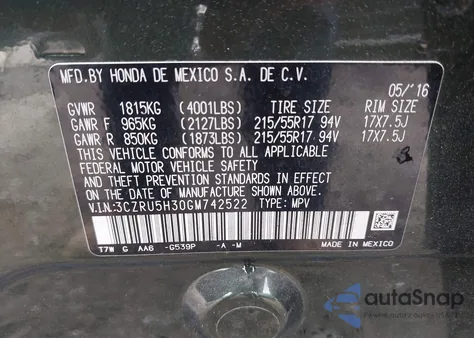 2016 Honda Hr-V Lx из США, поврежденный, VIN 3CZRU5H30GM742522